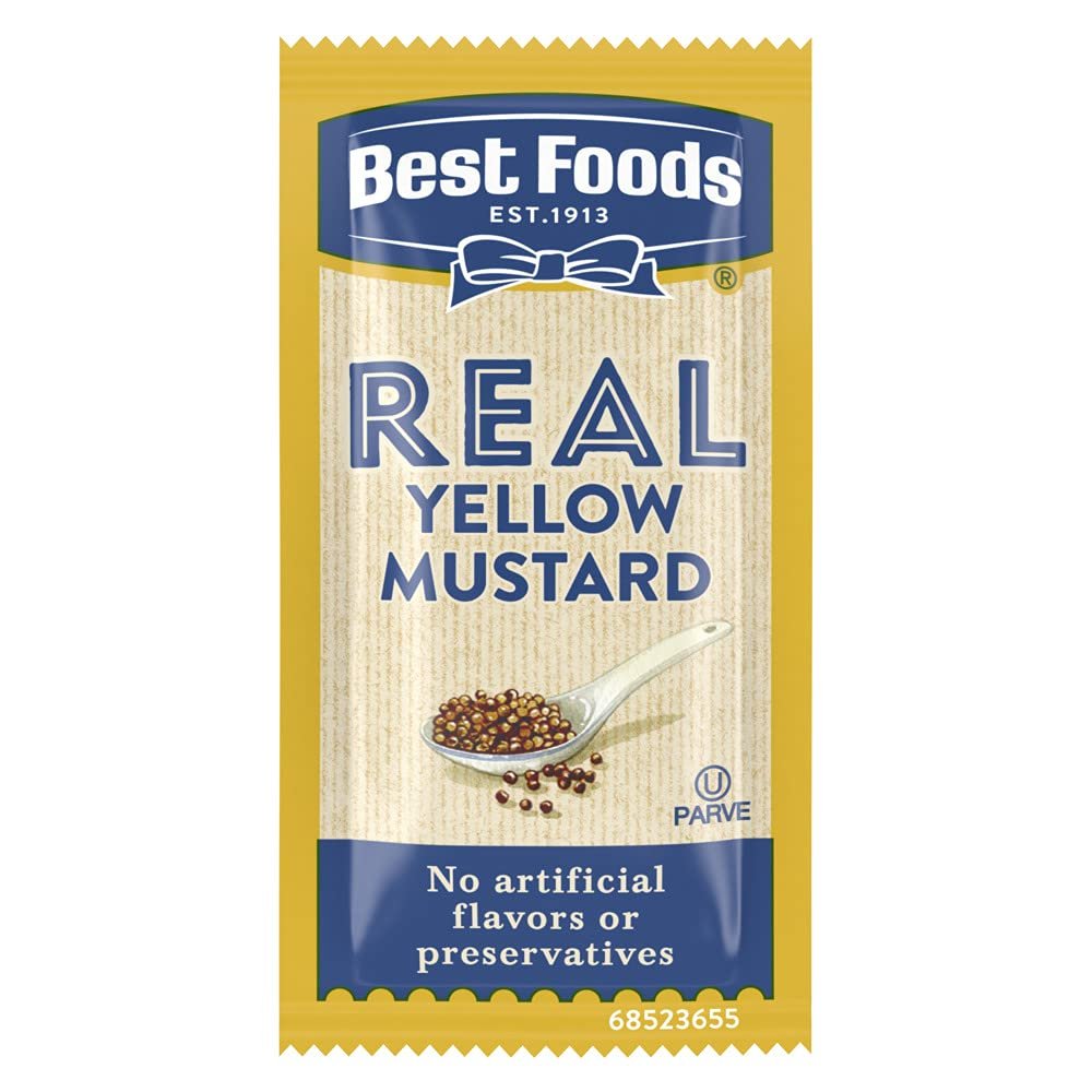 Best Foods Yellow Mustard Stick Pack Sachets, Gluten Free, No Artificial Flavors or Preservatives, 7 g, Pack of 500