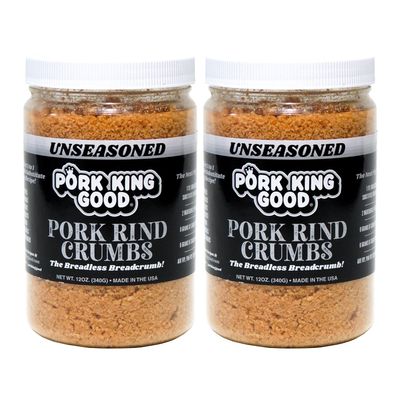 Pork King Good - Pork Rind Breadcrumbs - 2 Pack! Keto Friendly, Paleo, Gluten-Free, Sugar Free, Zero Carb Panko Substitute (Two 12 Oz Jars) (Unseasoned, 2 Pack)