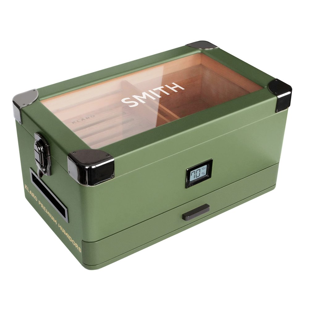 CASE ELEGANCE Monogrammed Military Glass Top Humidor with Thick Cedar, Easy humidification System, Accurate Digital Hygrometer - Green