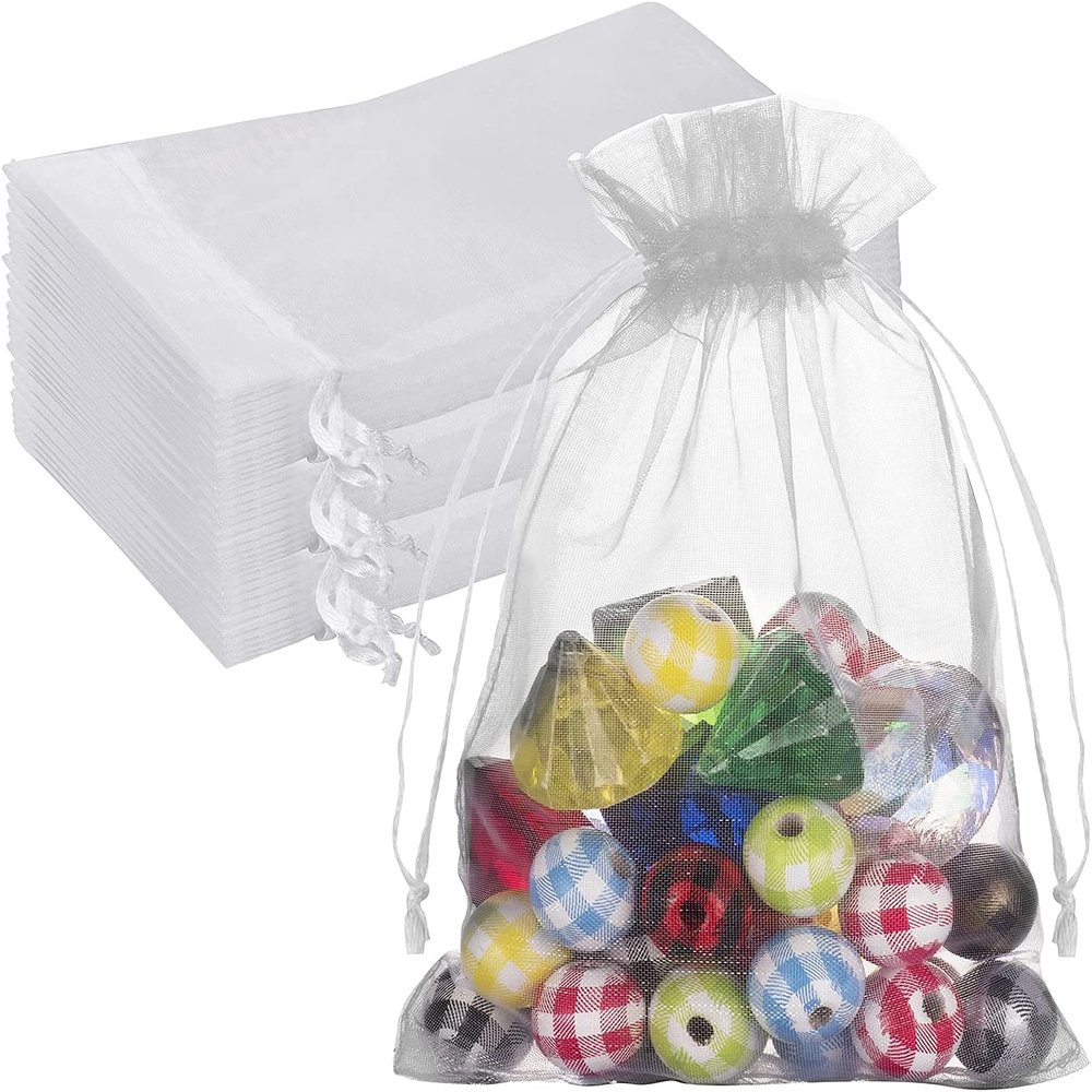 100 Premium Sheer Organza Bags, White Wedding Favor Bags with Drawstring, 5x7 inches Jewelry Gift Bags for Party, Festival, Makeup