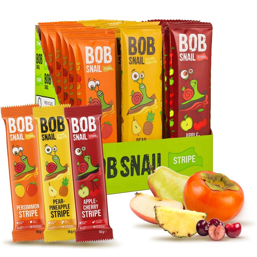 BOB SNAIL Healthy Fruit Snacks for Kids and Adults  30 Fruit Leather Snacks with Persimmon, Pear-Pineapple,Cherry  Vegan Low-Carb Variety Pack Strips for Kids  Sugar Free Jerky Bars
