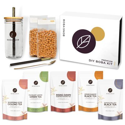 Premium DIY Boba Tea Kit - 5 Organic Teas - 32 oz Boba - 2 Stainless Steel Straws - Teaspoon - Reusable Bubble Cup & Brown Sugar Non-Dairy Creamer To Make The Perfect Bubble Tea Drink At Home!