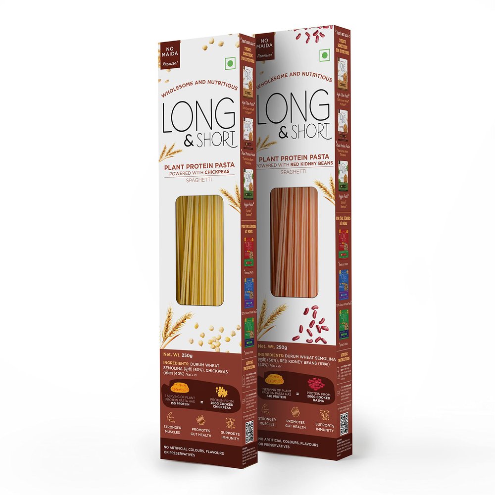 Long&Short Protein Spaghetti Combo | Red Kidney Beans + Chickpeas | No Maida, Vegan, Nutritious, Healthy, Natural Fiber | Pack of 2 x 250g