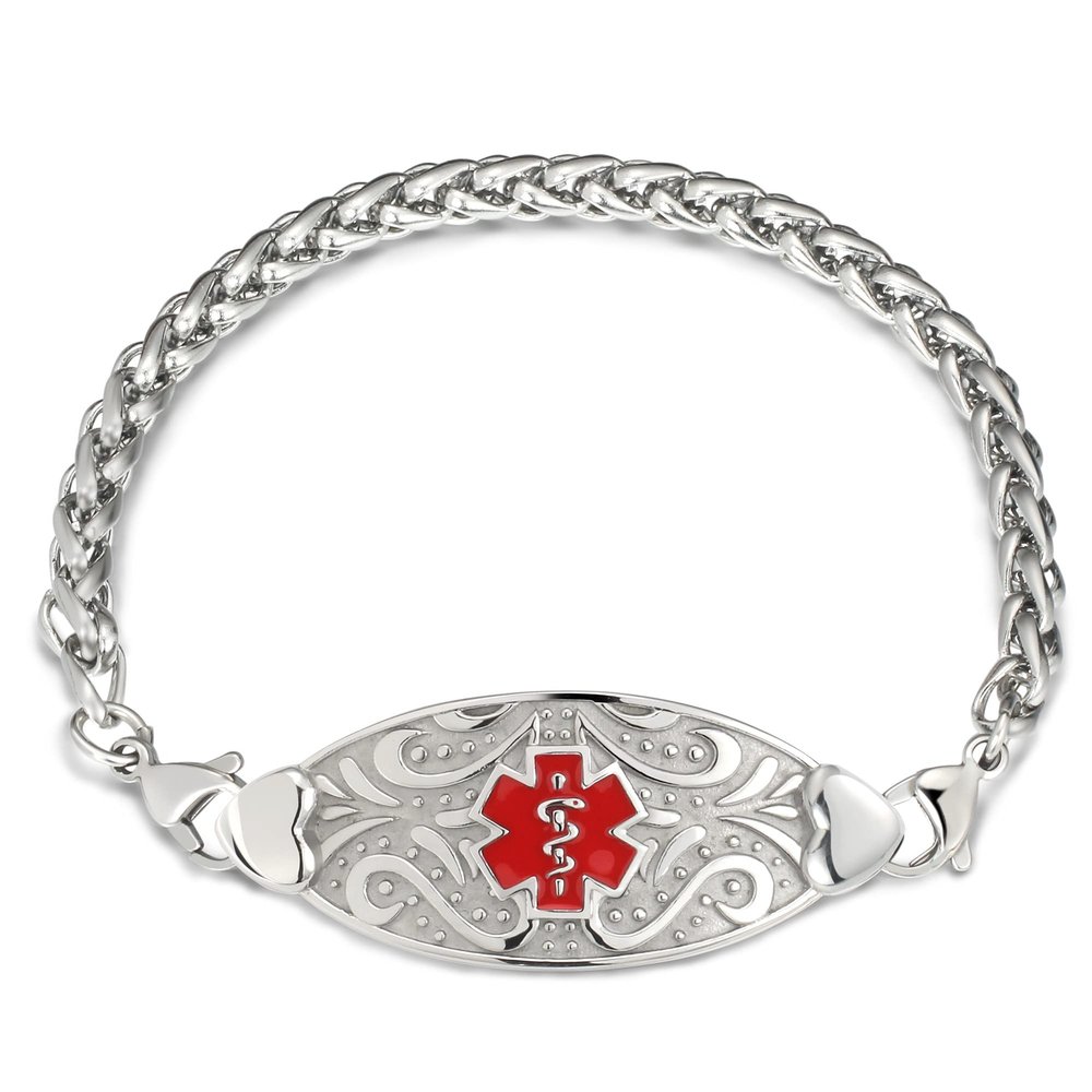 ASTERY Custom Medical Alert ID Bracelet for Women Free Engraving,Personalized Emergency Identification Bracelet Medical Alert ID Jewelry,6.0 to 8.5 Inches (7.5, Silver color style with red symbol)