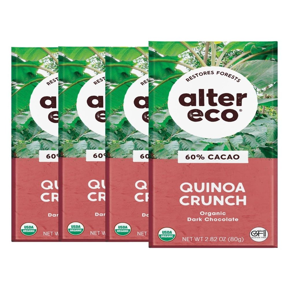 Alter Eco | Dark Chocolate Bars | Pure Dark Cocoa, Fair Trade, Organic, Non-GMO, Gluten Free (4-Pack Quinoa Crunch)