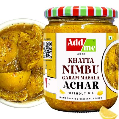 Add me Lemon Lime Pickle Without Oil 500G Glass Pack khatta Nimbu Ka achar Garam Masala North Indian Recipe Glass Pack