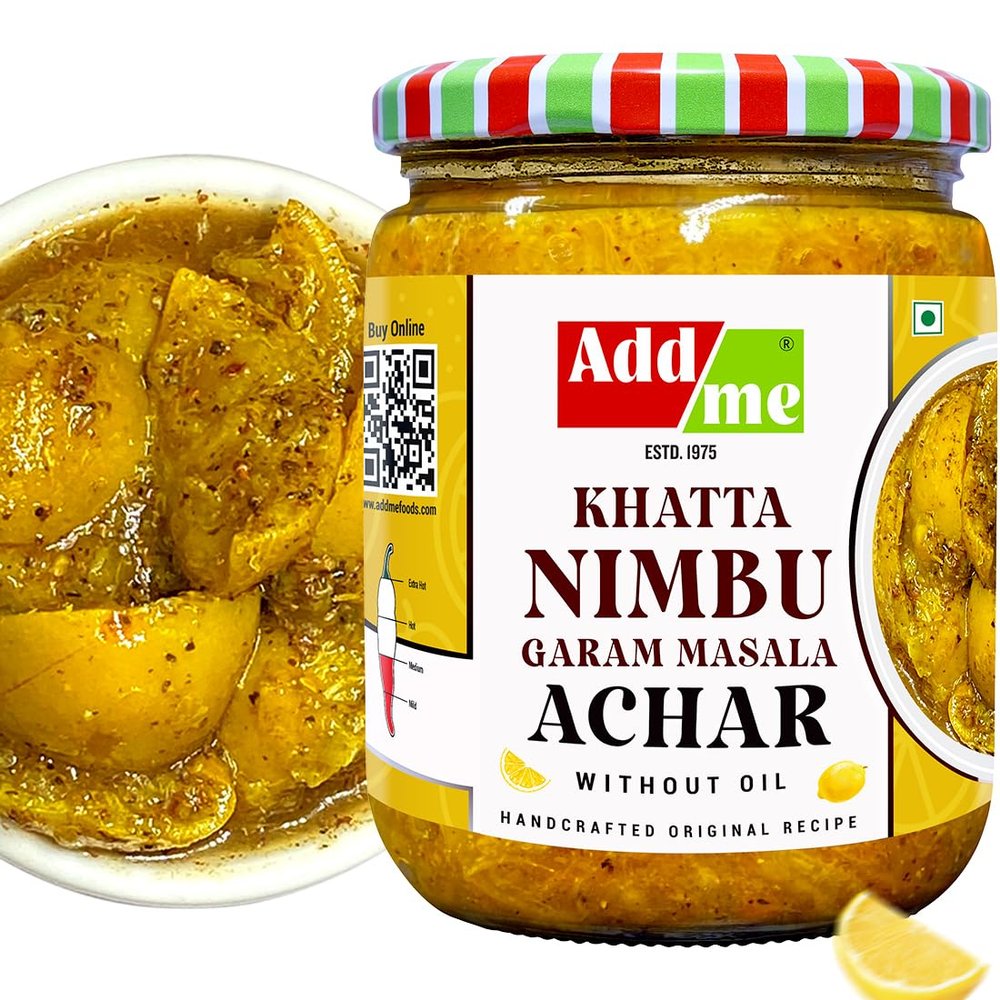 Add me Lemon Lime Pickle Without Oil 500G Glass Pack khatta Nimbu Ka achar Garam Masala North Indian Recipe Glass Pack