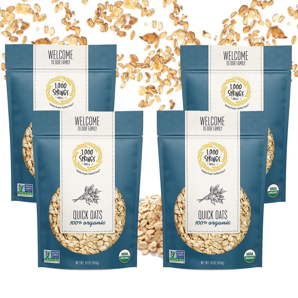 1000 Springs Mill Organic Quick Oats - Gluten-Free Bulk Dried Oats with Resealable Bag - Used for Breakfast Oatmeal, Muffins, Granola Bars, Cookies, or Other Baked Goods - 16oz (Pack of 4)