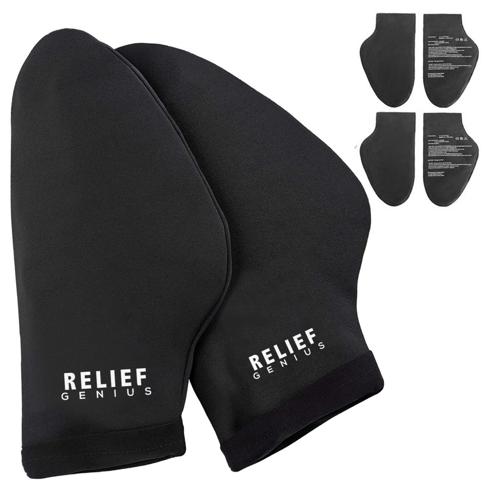 Relief Genius Hand Ice Pack Cold Therapy for Hands - Ice Gloves for Chemo, Neuropathy, Arthritis, Injuries and Working Hands Includes 2 Mittens and 4 Reusable and Flexible Gel Ice Packs S/M Black