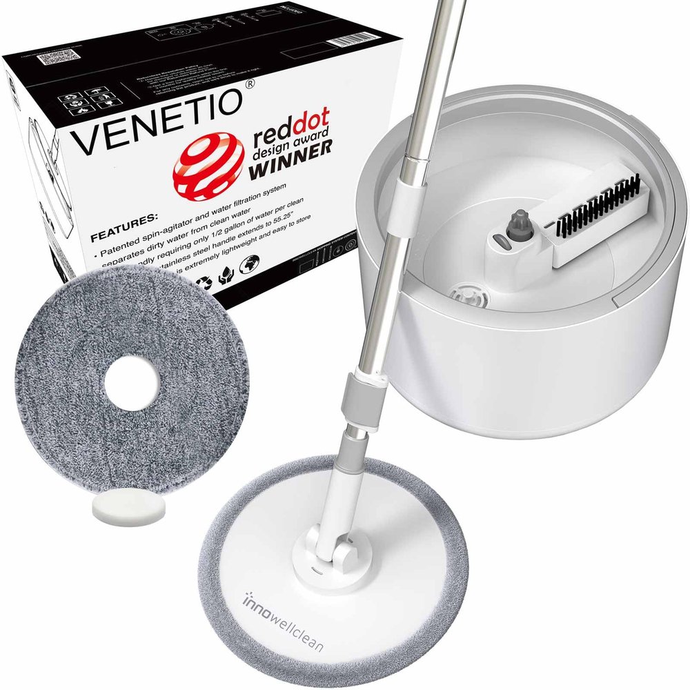 VENETIO Innowellclean Microfiber Spin Mop and Bucket Set with Patented Water Filtration System - Deep Self Cleaning/Dry/Wet All-In-One Floor Mop for Home Hardwood, Tile - Ideal for Pet Owners (2 Pads)