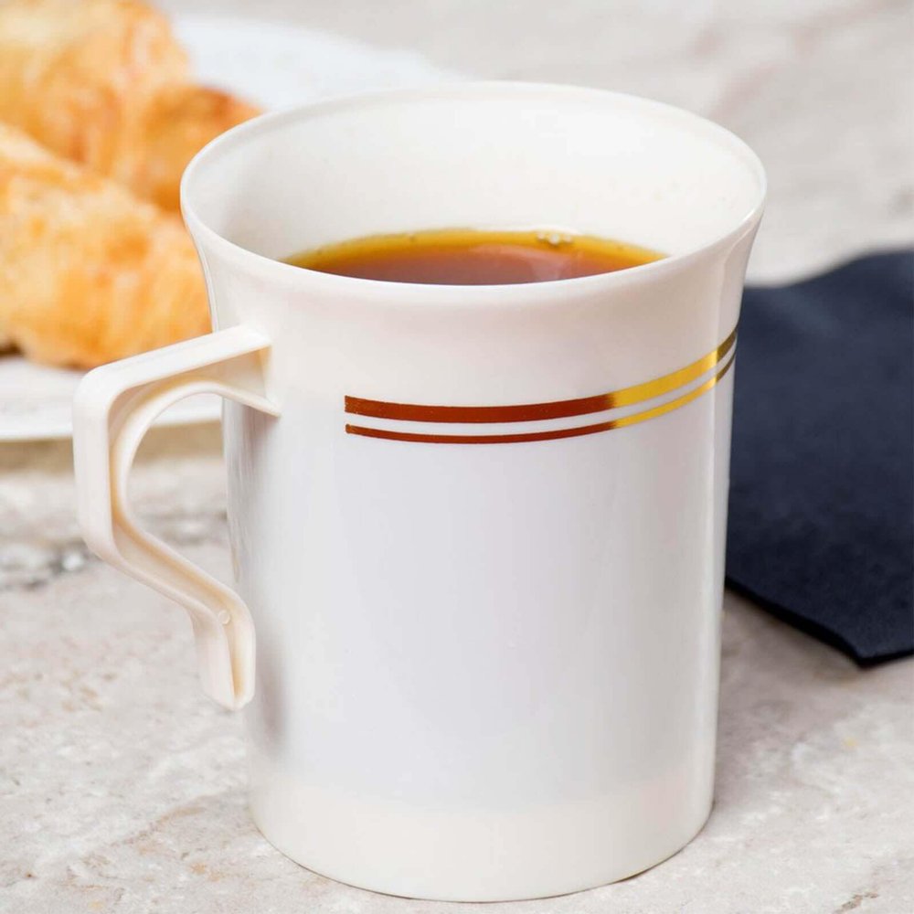Efavormart 8 Pack - 8oz White with Gold Tres Chic Collection Disposable Plastic Coffee Cups for Weddings, Parties, Receptions, Restaurants, Cafes, Coffee Shops, catered events, Tea, Hot Chocolate