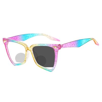 bullabulling Hollow Cat Eye Bifocal Reading Glasses, Photochromic Gray Sunglasses, 0.00/+2.50 Magnification for Women (rainbow, 3.75)