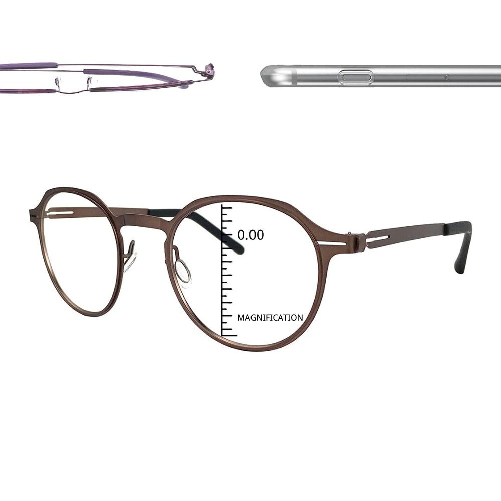 ProEyes Longitude 5, Progressive Blue Light Blocking Screwless Readers, Anti-Reflective, 0 Power on Top Lens (Brown, 1.50)