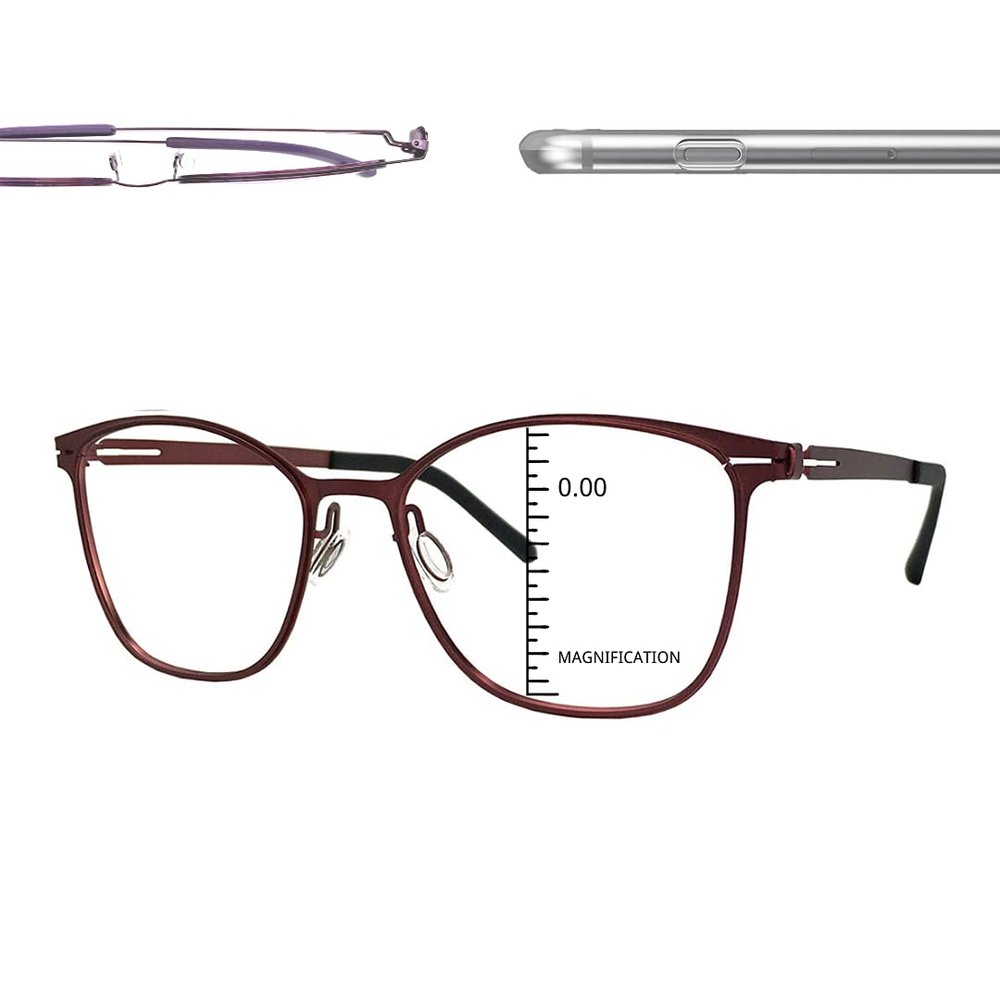 ProEyes Longitude 6, Progressive Blue Light Blocking Screwless Readers, Anti-Reflective, 0 Power on Top Lens (Red, 1.75)