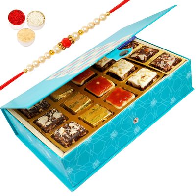 Ghasitaram Gifts Rakhi Gifts for Brothers Rakhi Sweets - Blue Rectangular Box of Assorted Bites 15 pcs with Beads Rakhi