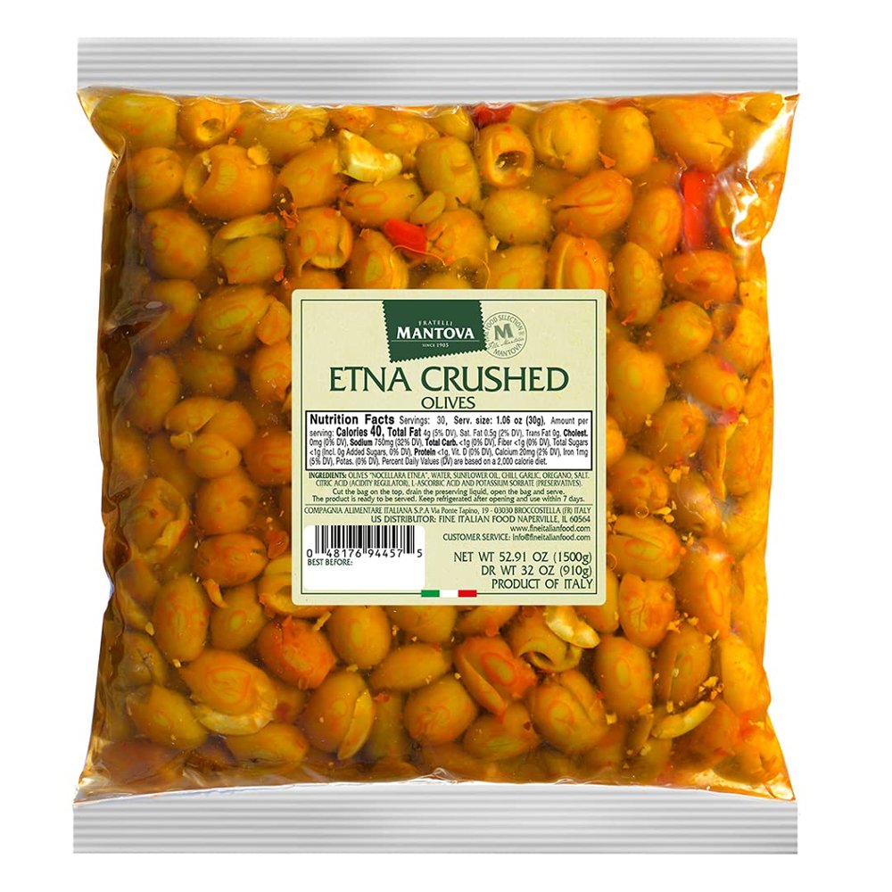 Mantova Etna Crushed Olives in a Spicy Brine with Chili, Garlic and Oregano, 52.91 oz. (3.3 lb.) (Pack of 1), Product of Italy, Non-GMO, Gluten-Free, Cholesterol-Free, Vegan-Friendly, Paleo-Friendly