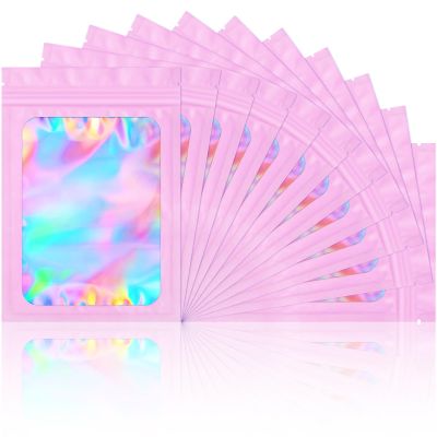 100 Pieces Smell Proof Mylar Bags- Resealable Holographic Packaging Pouch Bag with Clear Window for Food Storage Eyelash Jewelry Electronics Storage (Pink, 2.8 x 4 Inch)