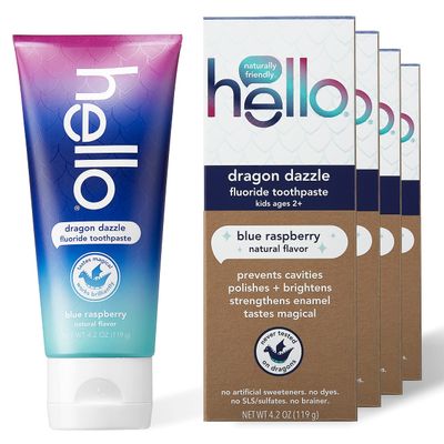 Hello Kids Dragon Dazzle Blue Raspberry Fluoride Toothpaste, Vegan & SLS Free, 4.2 Oz, 4 Count
