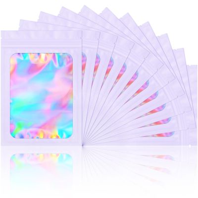 100 Pack Smell Proof Bags- Resealable Mylar Holographic Packaging Pouch Bag with Clear Window for Food Storage Eyelash Jewelry Electronics Storage (Purple, 3.5 x 4.7 Inch)