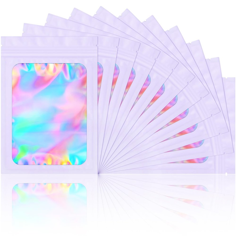 100 Pack Smell Proof Bags- Resealable Mylar Holographic Packaging Pouch Bag with Clear Window for Food Storage Eyelash Jewelry Electronics Storage (Purple, 3.5 x 4.7 Inch)