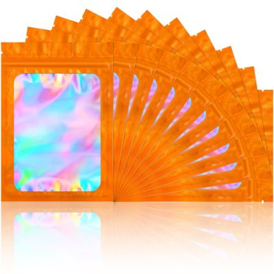 100 Pack Smell Proof Bags- Resealable Mylar Holographic Packaging Pouch Bag with Clear Window for Food Storage Eyelash Jewelry Electronics Storage (Orange, 3.5 x 4.7 Inch)