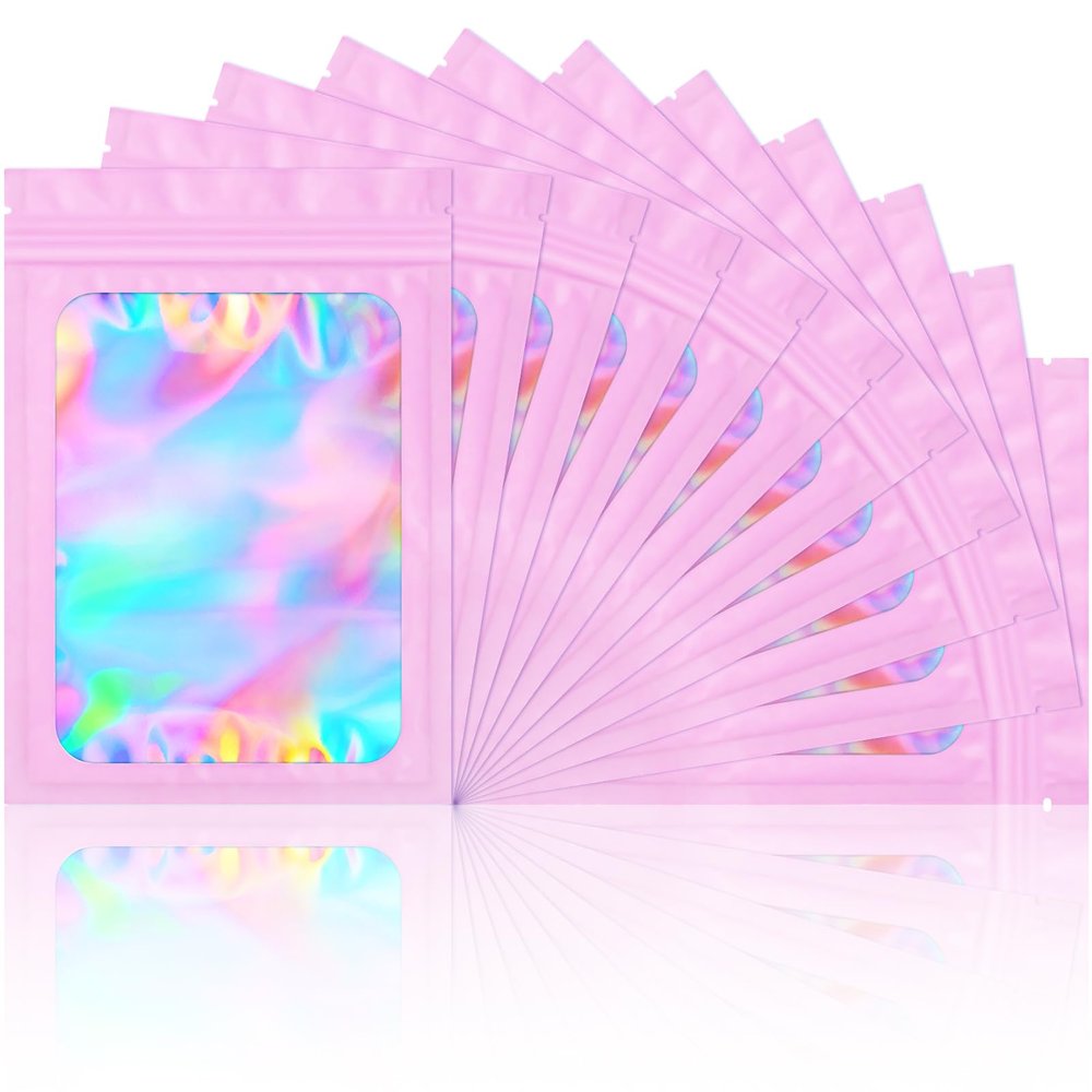 100 Pack Smell Proof Bags- Resealable Mylar Holographic Packaging Pouch Bag with Clear Window for Food Storage Eyelash Jewelry Electronics Storage (Pink, 3.5 x 4.7 Inch)