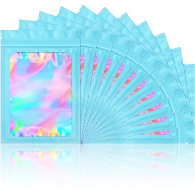 100 Pieces Smell Proof Mylar Bags- Resealable Holographic Packaging Pouch Bag with Clear Window for Food Storage Eyelash Jewelry Electronics Storage (Blue, 4 x 6 Inch)