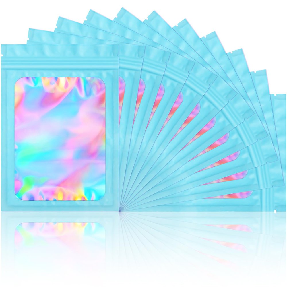 100 Pieces Smell Proof Mylar Bags- Resealable Holographic Packaging Pouch Bag with Clear Window for Food Storage Eyelash Jewelry Electronics Storage (Blue, 4 x 6 Inch)