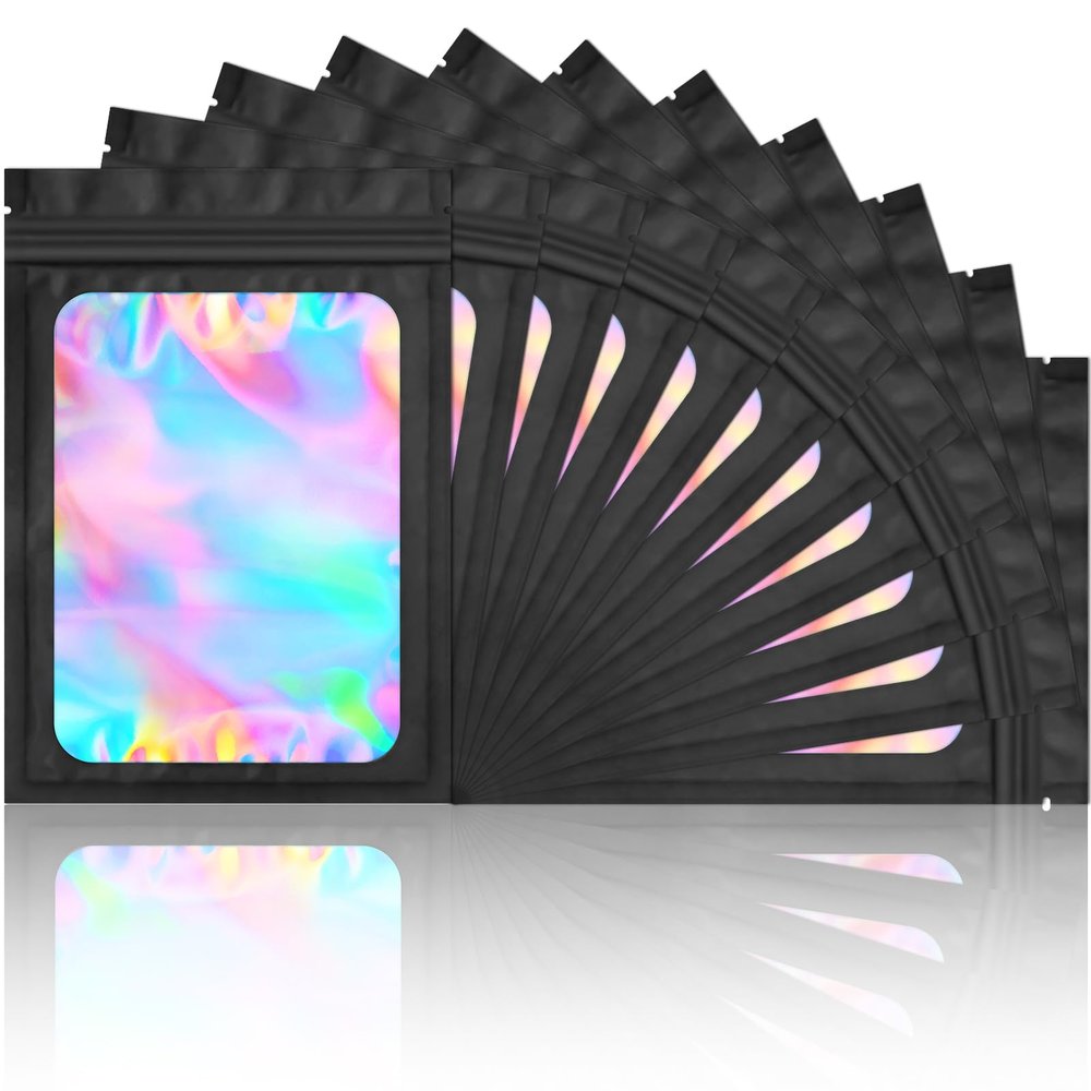 100 Pieces Smell Proof Mylar Bags- Resealable Holographic Packaging Pouch Bag with Clear Window for Food Storage Eyelash Jewelry Electronics Storage (Black, 5.5 x 7.8 Inch)
