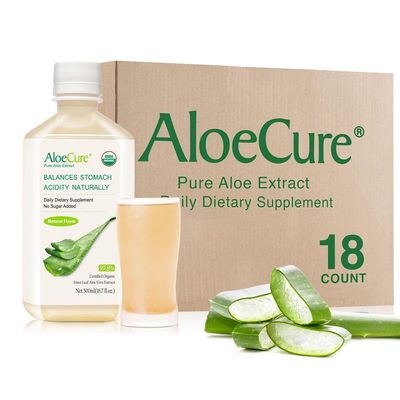AloeCure USDA Organic Aloe Vera Juice Made Within 12 Hrs of Harvest - Pure Aloe Juice Natural Digestive Supplement to Support Digestion, Immune System and Balanced Stomach Acidity, 18 x 500ml Bottles