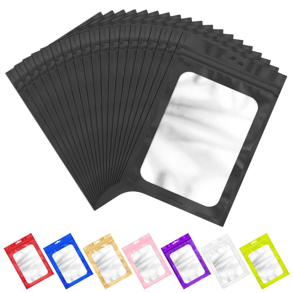 100 Pack Black Resealable Mylar Bags with Frosted Clear Window, Smell Proof Small Packaging Bags, Foil Pouch Zip Bag for Food Candy Self Sealing Storage(2.753.93 inches)