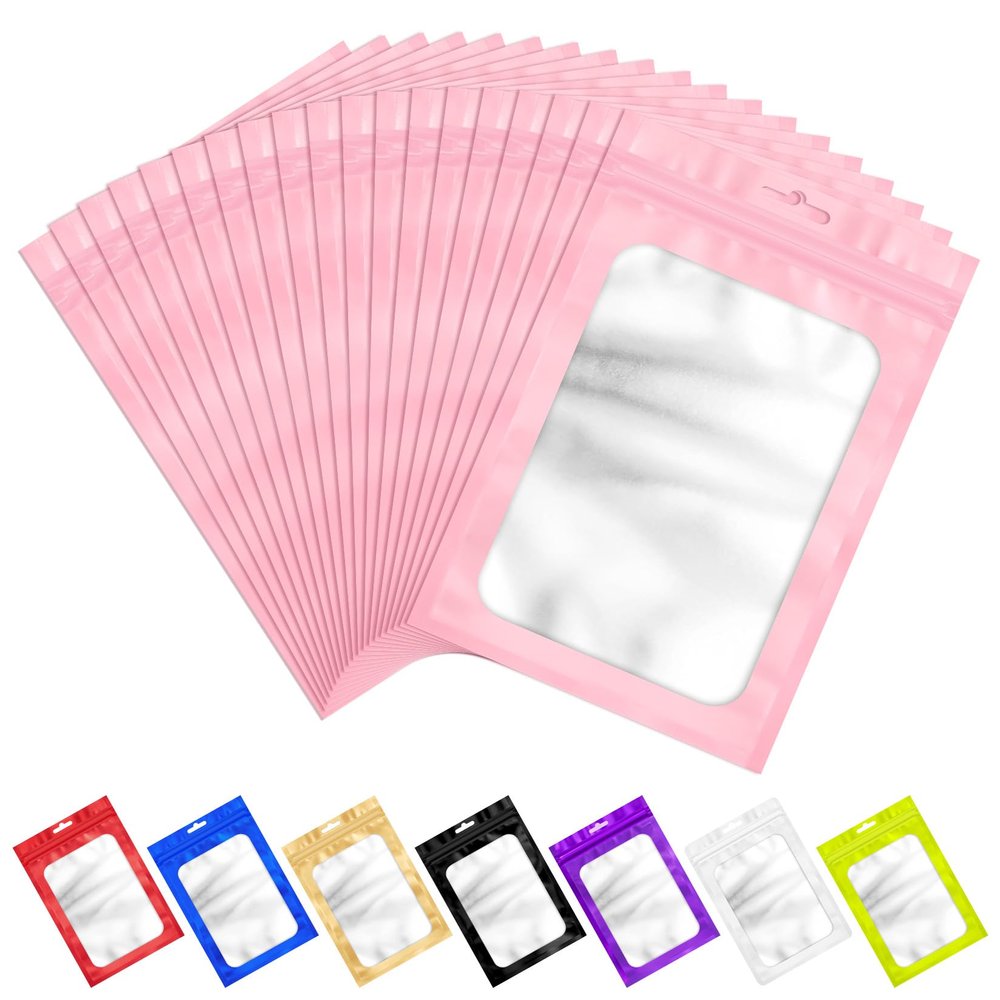 ANZNKU 100 Pcs Pink Mylar Bags, Resealable Smell Proof Small Foil Pouches
