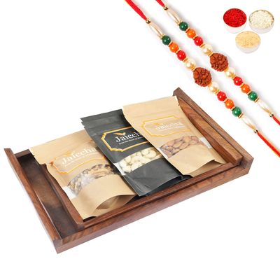 Jaiccha Ghasitaram Rakhi Gifts for Brothers - Set of 2 Striped Wooden Trays of Cashews, Almonds and Walnuts with 2 Rudraksh Rakhis