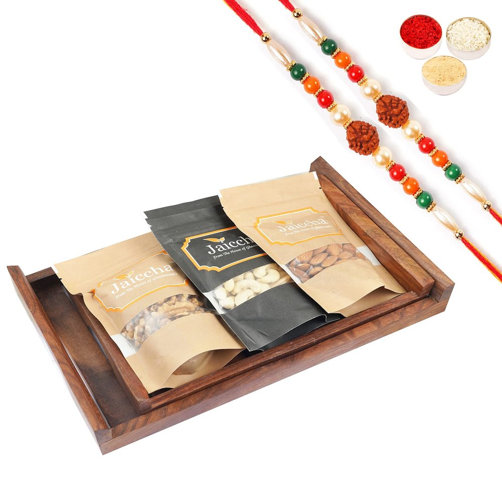 Jaiccha Ghasitaram Rakhi Gifts for Brothers - Set of 2 Striped Wooden Trays of Cashews, Almonds and Walnuts with 2 Rudraksh Rakhis
