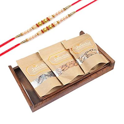 Jaiccha Ghasitaram Rakhi Gifts for Brothers - Set of 2 Striped Wooden Trays of Sugarfree Bites, Almonds and Walnuts with 2 Pearl Rakhis