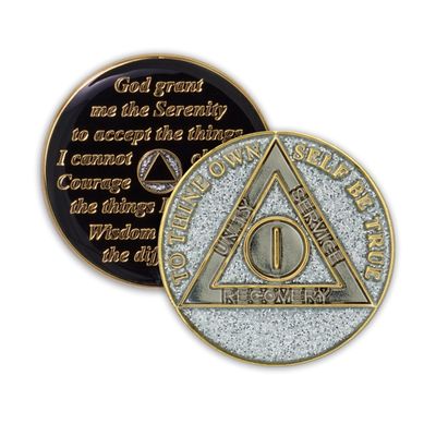 1 Year Sobriety Coin | Glitter Triplate AA Chip Recovery Anniversary Token (Silver)