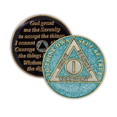 1 Year Sobriety Coin | Glitter Triplate AA Chip Recovery Anniversary Token (Blue)