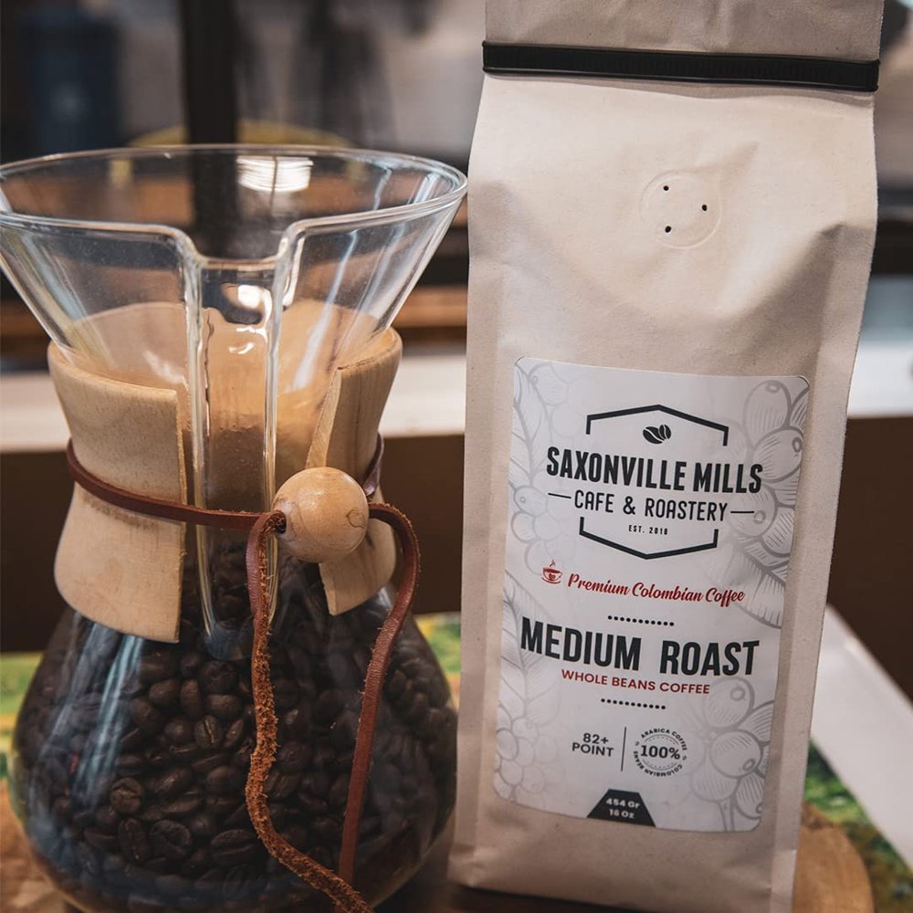 Saxonville Mills Cafe Colombian Coffee, Medium Roast Whole beans Coffee, 100 Percent Arabica Colombian Coffee (1 LB), Fresh Roasted Medium (1.00) Saxonville Mills Coffee, 1 Lb 16oz 454g