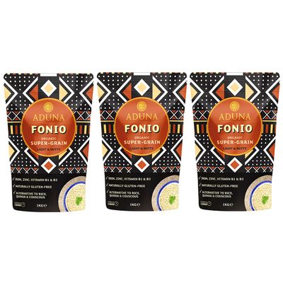 Aduna Organic Fonio Supergrain | Ancient African Whole Grain Rich in Iron, Zinc, B Vitamins & Fiber | Natural Gluten-Free Rice, Quinoa & Couscous Alternative | Porridge, Salads, & Stir-Fries | 3 x 1kg