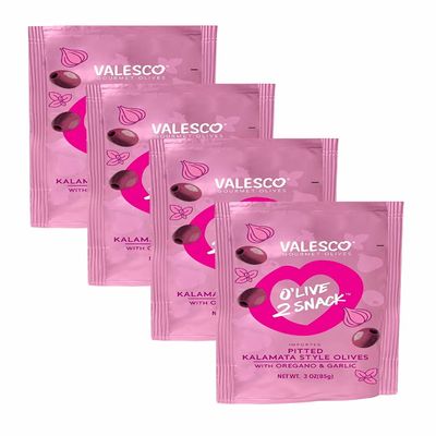 Valesco Gourmet Olives, O'Live 2 Snack, Pitted Kalamata Style Olives with Oregano & Garlic, 3 oz (Pack of 4)