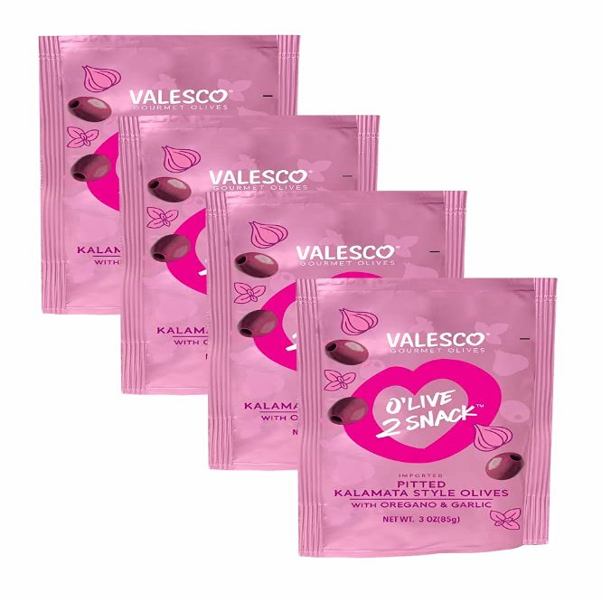 Valesco Gourmet Olives, O'Live 2 Snack, Pitted Kalamata Style Olives with Oregano & Garlic, 3 oz (Pack of 4)