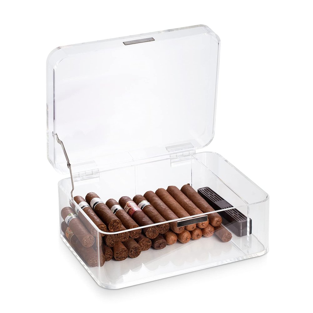 Bey-Berk Drake Clear Acrylic 60-Cigar Humidor Box with Magnetic Closure, Modern Display Case