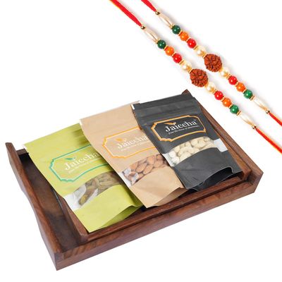 Jaiccha Ghasitaram Rakhi Gifts for Brothers Rakhi Dryfruits - Set of 2 Striped Wooden Trays Cashews, Almonds and Raisins with 2 Rudraksh rakhis