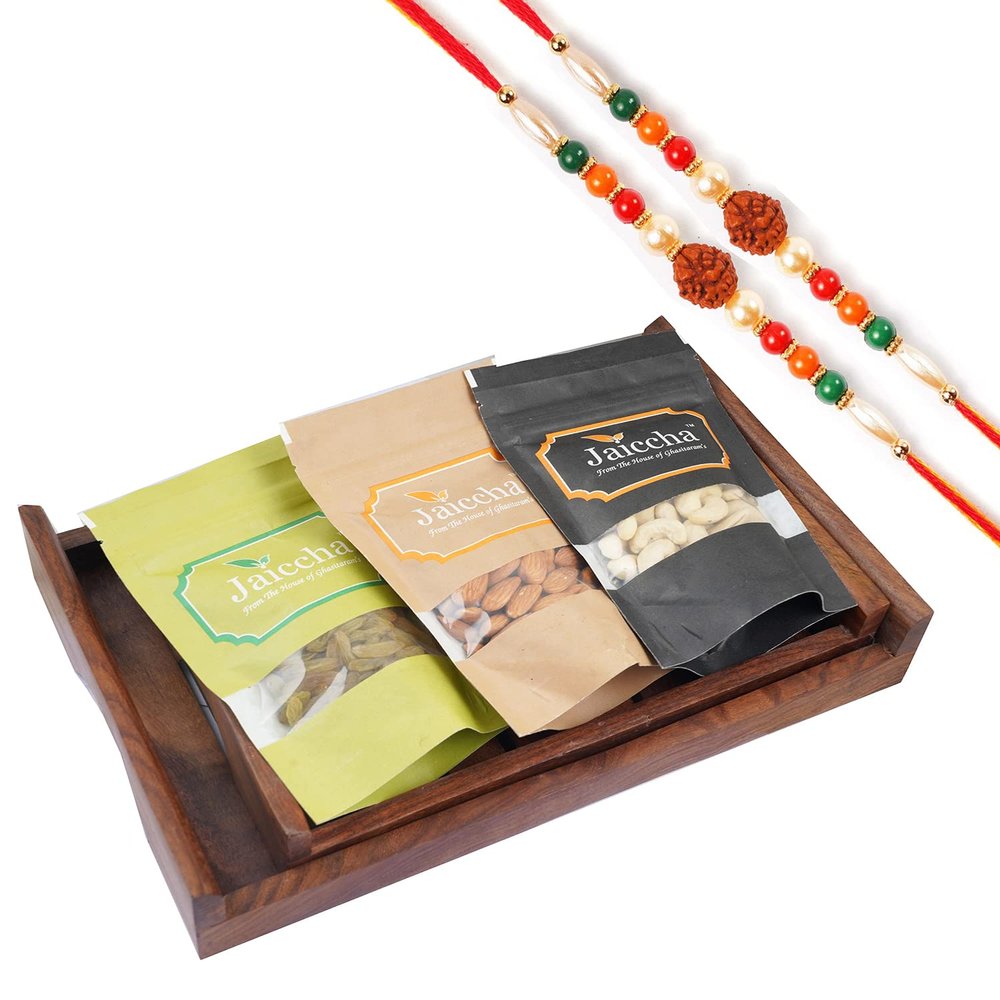 Jaiccha Ghasitaram Rakhi Gifts for Brothers Rakhi Dryfruits - Set of 2 Striped Wooden Trays Cashews, Almonds and Raisins with 2 Rudraksh rakhis