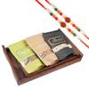 Jaiccha Ghasitaram Rakhi Gifts for Brothers Rakhi Dryfruits - Set of 2 Striped Wooden Trays Cashews, Almonds and Raisins with 2 Rudraksh rakhis view 1