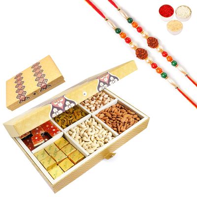 Ghasitaram Gifts Rakhi Gifts for Brothers Rakhi Dryfruit Hampers - Golden 6 Part Box with Dryfruits and Assorted Bites 900 GMS with 2 Rudraksh rakhis