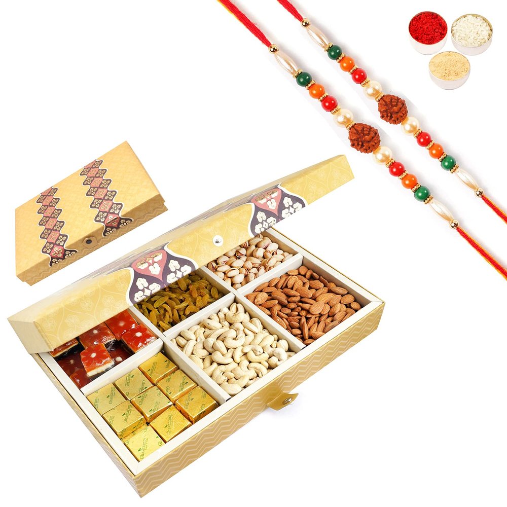 Ghasitaram Gifts Rakhi Gifts for Brothers Rakhi Dryfruit Hampers - Golden 6 Part Box with Dryfruits and Assorted Bites 900 GMS with 2 Rudraksh rakhis