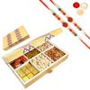Ghasitaram Gifts Rakhi Gifts for Brothers Rakhi Dryfruit Hampers - Golden 6 Part Box with Dryfruits and Assorted Bites 900 GMS with 2 Rudraksh rakhis view 1