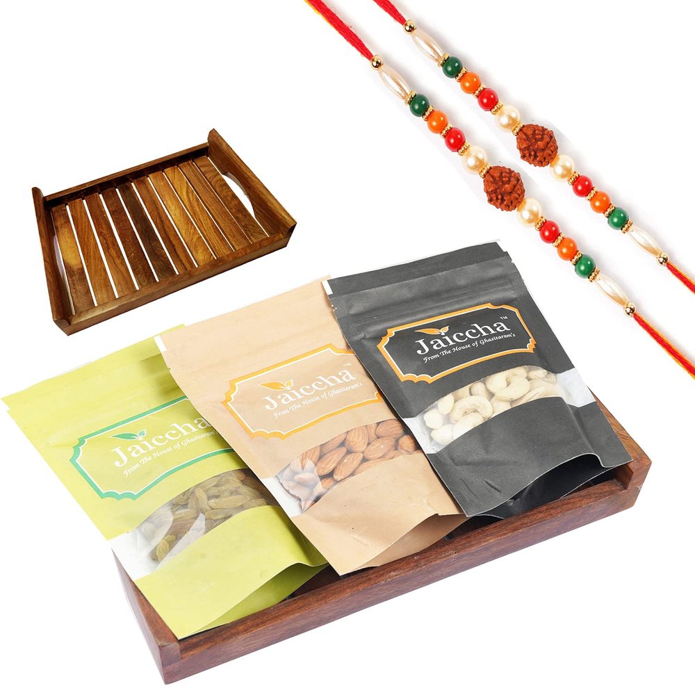 Jaiccha Ghasitaram Rakhi Gifts for Brothers Rakhi Dryfruits - Striped Wooden Tray of Cashews, Almonds and Raisins with 2 Rudraksh rakhis