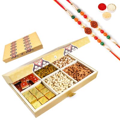 Ghasitaram Gifts Rakhi Gifts for Brothers Rakhi Dryfruit Hampers - Golden 6 Part Box with Dryfruits and Assorted Bites 1500 GMS with 2 Rudraksh rakhis